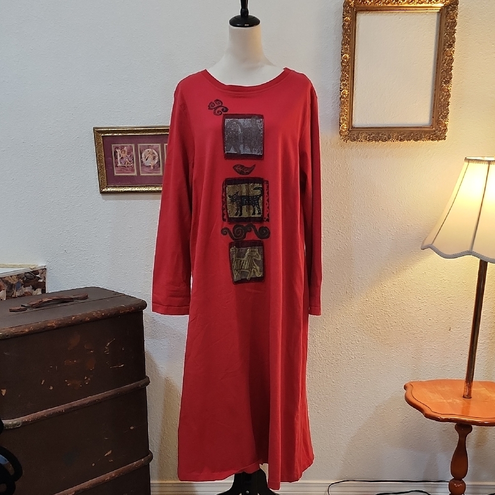 Blue Cactus Women's Red Cotton Southwest Boho Long Sleeve Dress